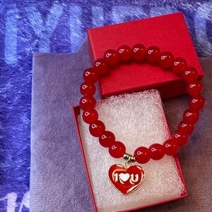 Red Glass Beaded Bracelet with Heart Charm and red gift box
